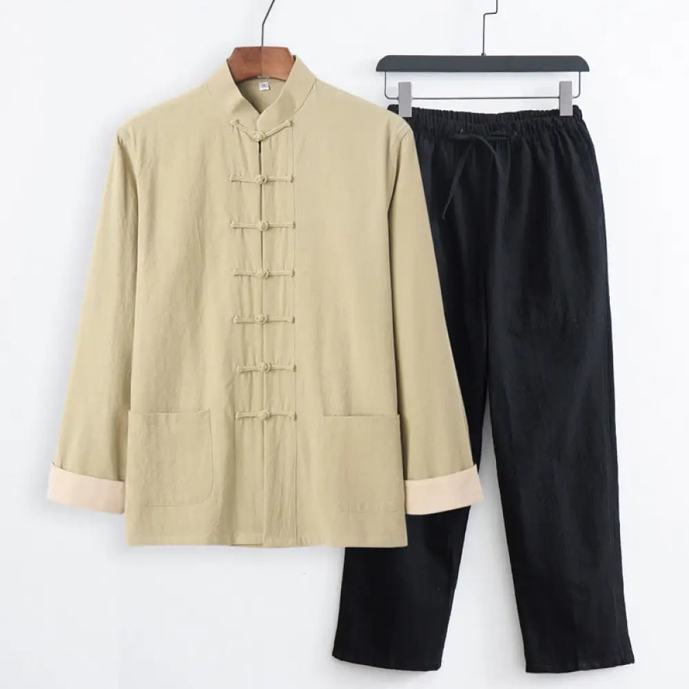 BWOOOH 2Pcs Tang Suit Men’s Frog-Button Cotton Long Sleeve Shirt Pants Set With Pockets - PaleGoldenrod Shirt + Black
