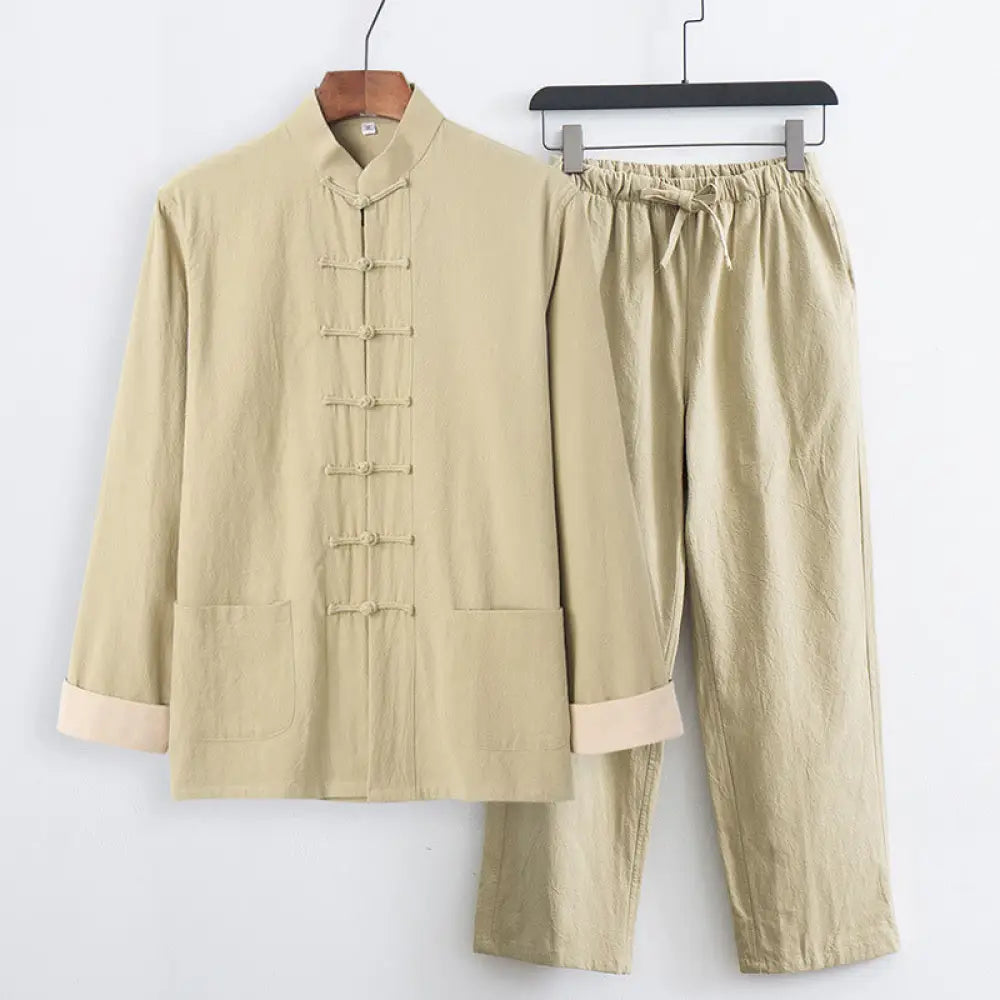 BWOOOH 2Pcs Tang Suit Men’s Frog-Button Cotton Long Sleeve Shirt Pants Set With Pockets - PaleGoldenrod