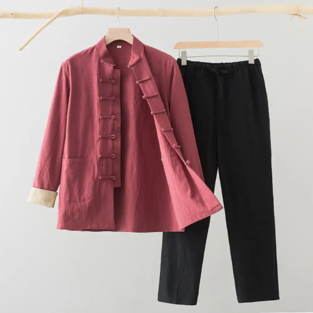 BWOOOH 2Pcs Tang Suit Men’s Frog-Button Cotton Long Sleeve Shirt Pants Set With Pockets - Salmon Shirt + Black Pants