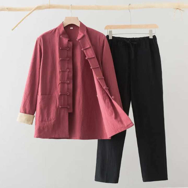 BWOOOH 2Pcs Tang Suit Men’s Frog-Button Cotton Long Sleeve Shirt Pants Set With Pockets - Salmon Shirt + Black Pants