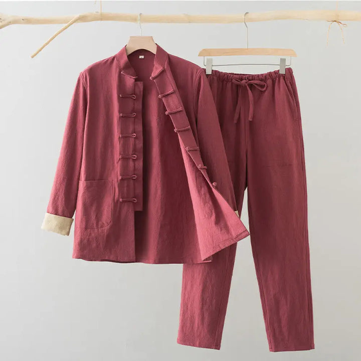 BWOOOH 2Pcs Tang Suit Men’s Frog-Button Cotton Long Sleeve Shirt Pants Set With Pockets - Salmon / US/UK/AU36，EU46 (L)