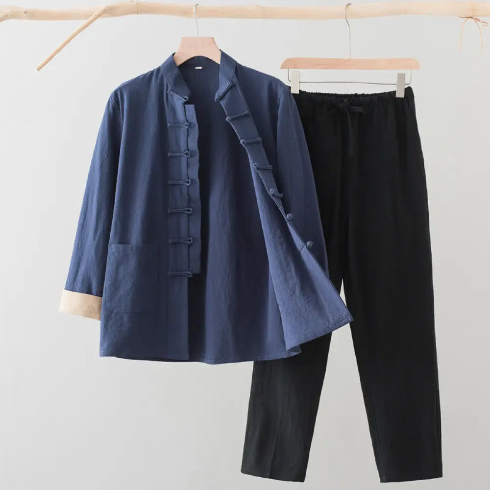 BWOOOH 2Pcs Tang Suit Men’s Frog-Button Cotton Long Sleeve Shirt Pants Set With Pockets - SteelBlue Shirt + Black Pants