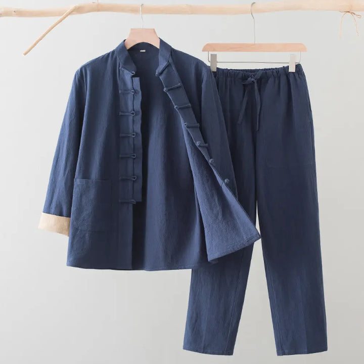 BWOOOH 2Pcs Tang Suit Men’s Frog-Button Cotton Long Sleeve Shirt Pants Set With Pockets - SteelBlue / US/UK/AU36，EU46