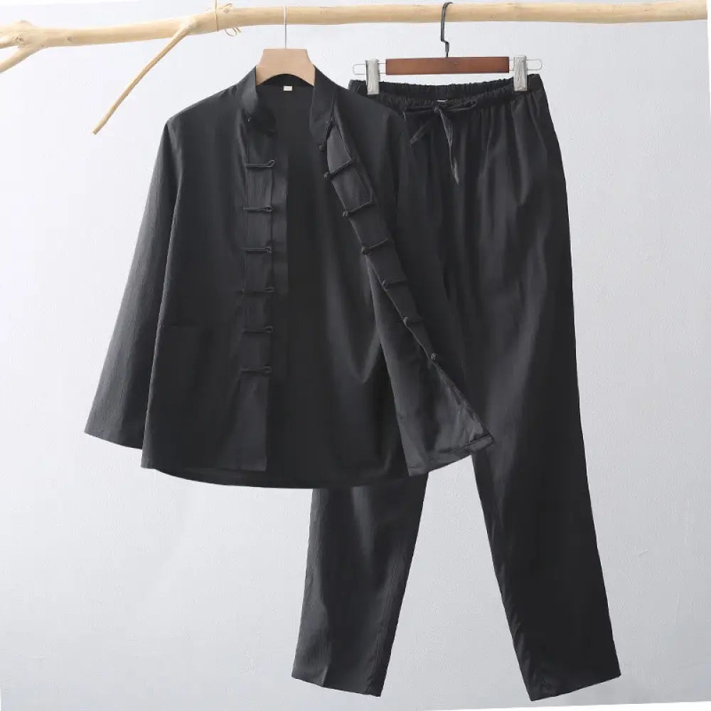 BWOOOH 2Pcs Tang Suit Traditional Frog-Button Men’s Long Sleeve Shirt Pants Clothing Set - Black / US/UK/AU36，EU46 (L)