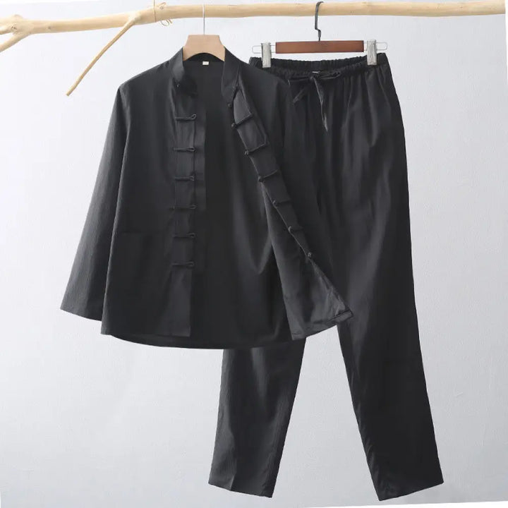 BWOOOH 2Pcs Tang Suit Traditional Frog-Button Men’s Long Sleeve Shirt Pants Clothing Set - Black / US/UK/AU36，EU46 (L)