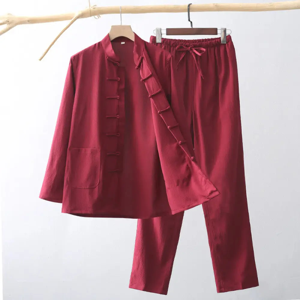 BWOOOH 2Pcs Tang Suit Traditional Frog-Button Men’s Long Sleeve Shirt Pants Clothing Set - Crimson / US/UK/AU36，EU46