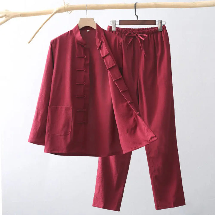 BWOOOH 2Pcs Tang Suit Traditional Frog-Button Men’s Long Sleeve Shirt Pants Clothing Set - Crimson / US/UK/AU36，EU46