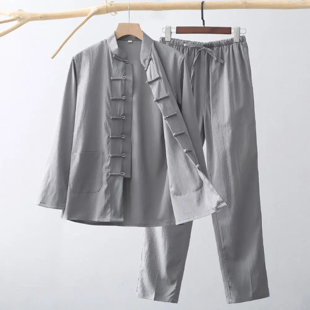 BWOOOH 2Pcs Tang Suit Traditional Frog-Button Men’s Long Sleeve Shirt Pants Clothing Set - Gray / US/UK/AU36，EU46 (L)