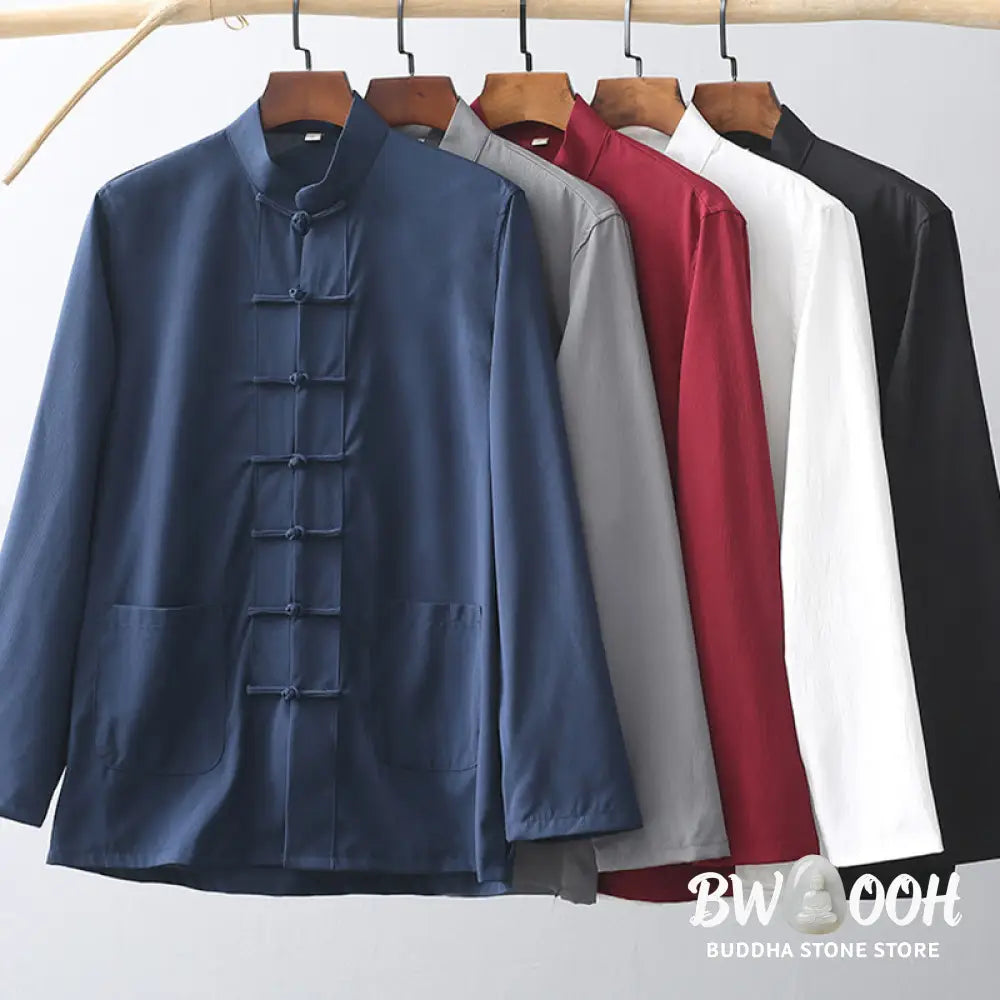 BWOOOH 2Pcs Tang Suit Traditional Frog-Button Men’s Long Sleeve Shirt Pants Clothing Set - Men’s Meditation Cloth