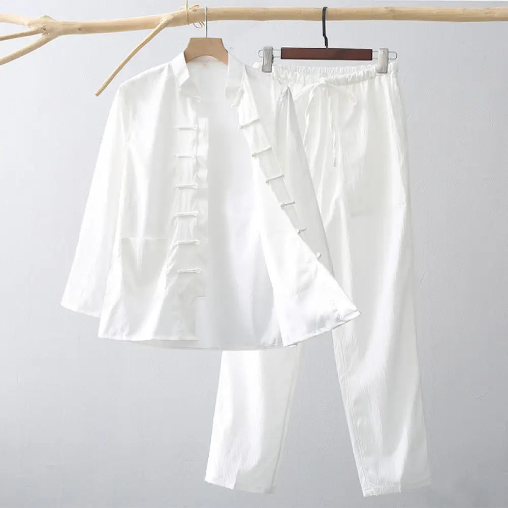 BWOOOH 2Pcs Tang Suit Traditional Frog-Button Men’s Long Sleeve Shirt Pants Clothing Set - White / US/UK/AU36，EU46 (L)