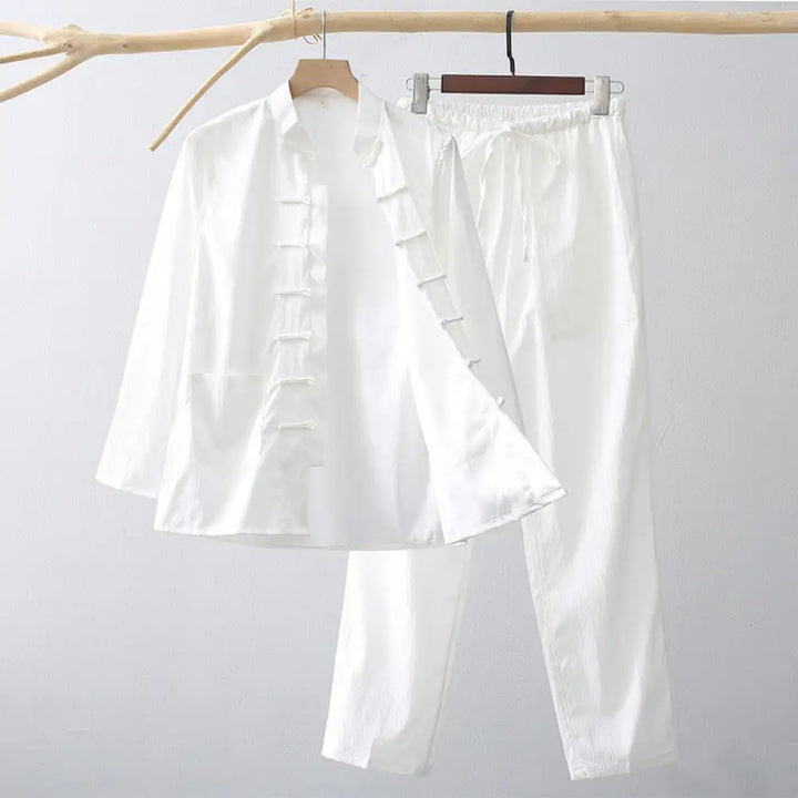 BWOOOH 2Pcs Tang Suit Traditional Frog-Button Men’s Long Sleeve Shirt Pants Clothing Set - White / US/UK/AU36，EU46 (L)