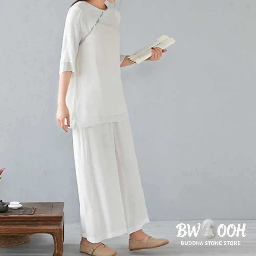 BWOOOH 2Pcs Three Quarter Sleeve Long Sleeve Shirt Wide Leg Pants Meditation Cotton Linen Clothing Women’s Set