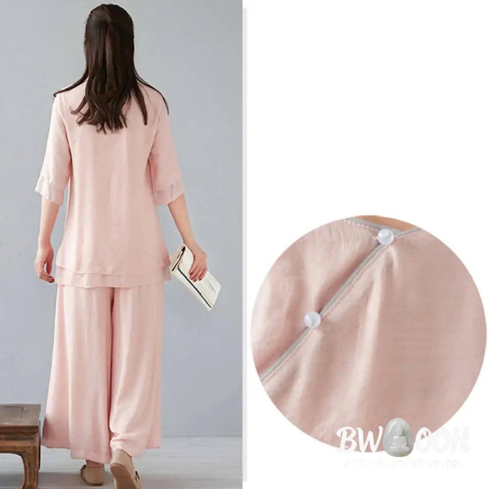 BWOOOH 2Pcs Three Quarter Sleeve Long Sleeve Shirt Wide Leg Pants Meditation Cotton Linen Clothing Women’s Set