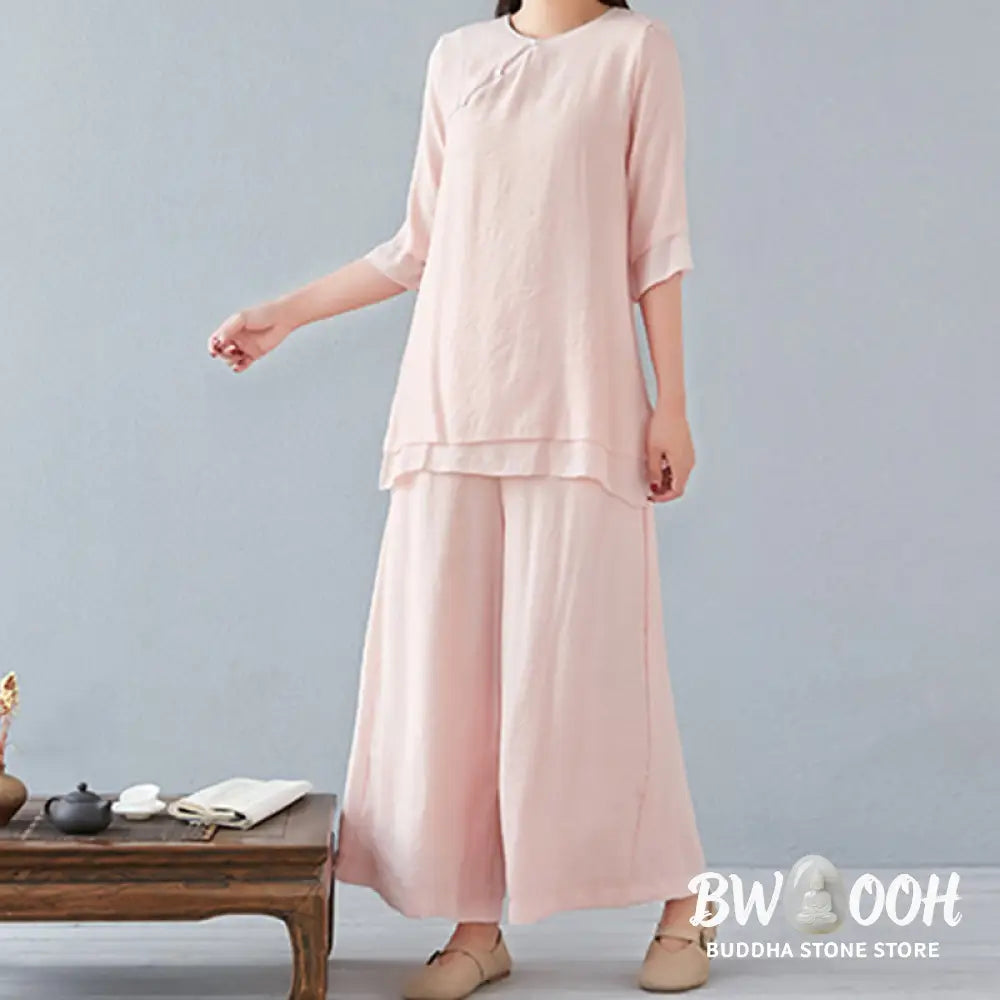 BWOOOH 2Pcs Three Quarter Sleeve Long Sleeve Shirt Wide Leg Pants Meditation Cotton Linen Clothing Women’s Set