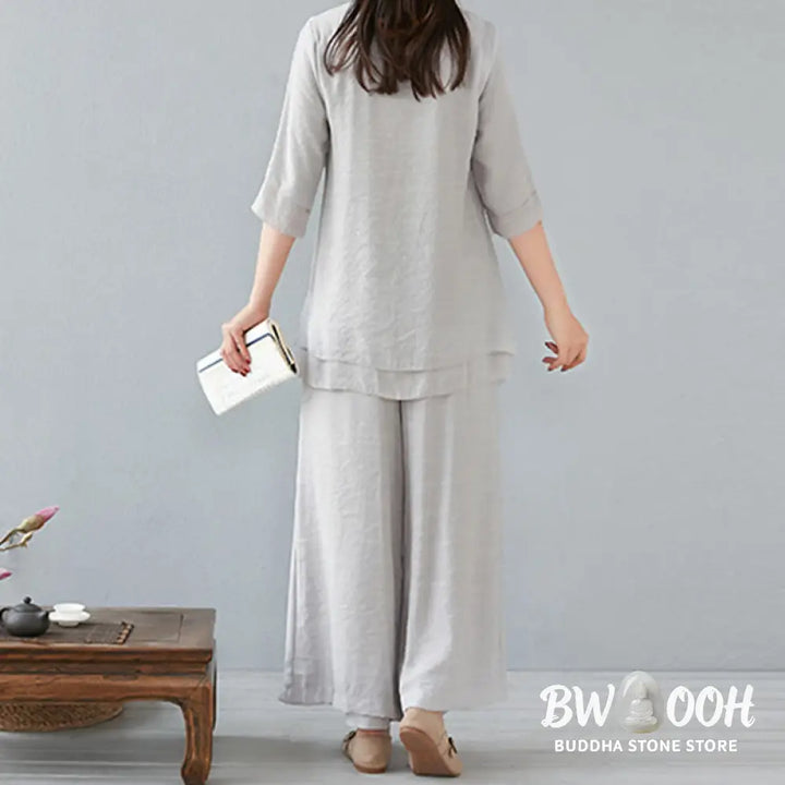 BWOOOH 2Pcs Three Quarter Sleeve Long Sleeve Shirt Wide Leg Pants Meditation Cotton Linen Clothing Women’s Set