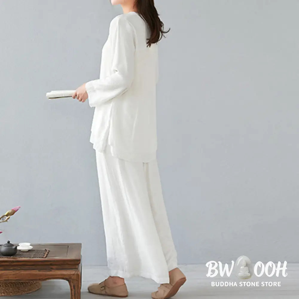 BWOOOH 2Pcs Three Quarter Sleeve Long Sleeve Shirt Wide Leg Pants Meditation Cotton Linen Clothing Women’s Set