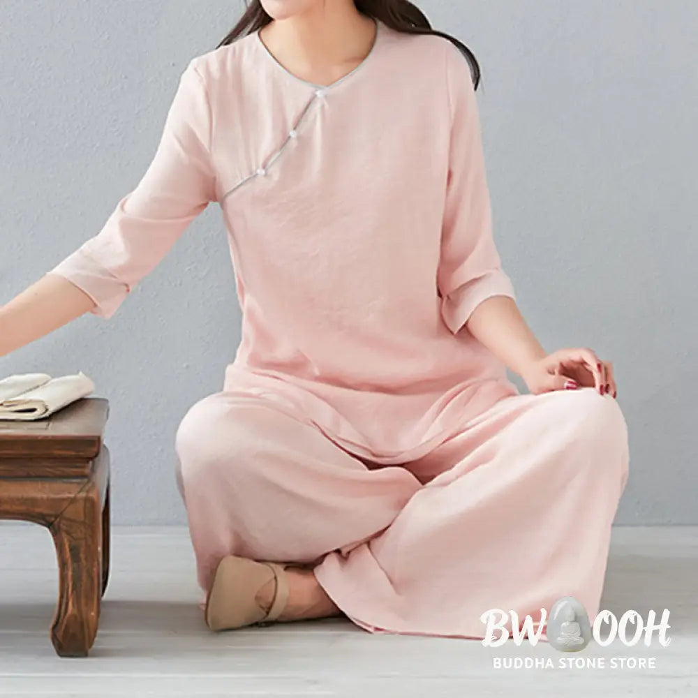 BWOOOH 2Pcs Three Quarter Sleeve Long Sleeve Shirt Wide Leg Pants Meditation Cotton Linen Clothing Women’s Set