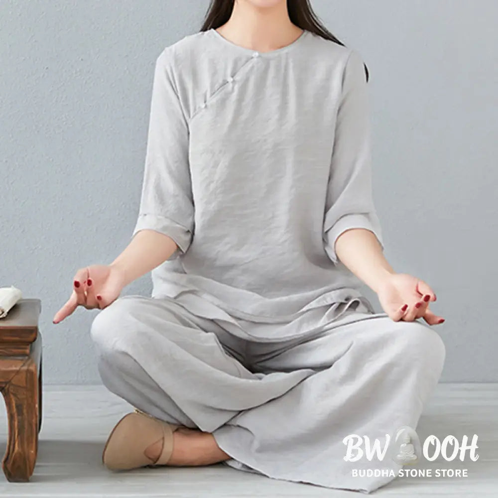 BWOOOH 2Pcs Three Quarter Sleeve Long Sleeve Shirt Wide Leg Pants Meditation Cotton Linen Clothing Women’s Set