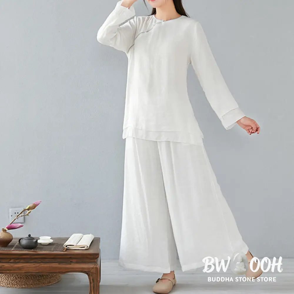 BWOOOH 2Pcs Three Quarter Sleeve Long Sleeve Shirt Wide Leg Pants Meditation Cotton Linen Clothing Women’s Set