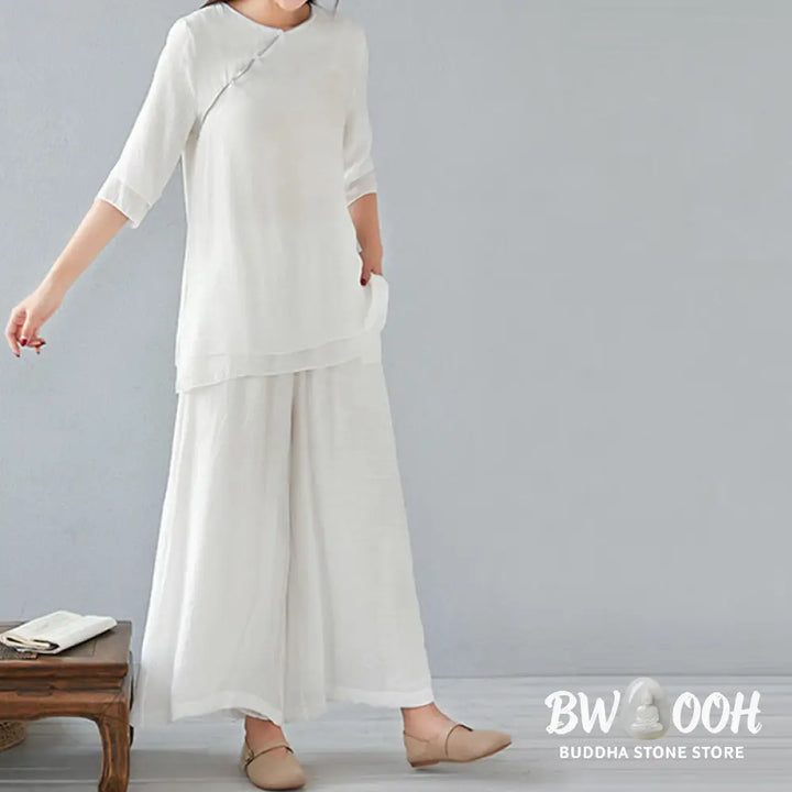 BWOOOH 2Pcs Three Quarter Sleeve Long Sleeve Shirt Wide Leg Pants Meditation Cotton Linen Clothing Women’s Set