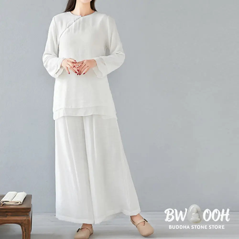 BWOOOH 2Pcs Three Quarter Sleeve Long Sleeve Shirt Wide Leg Pants Meditation Cotton Linen Clothing Women’s Set