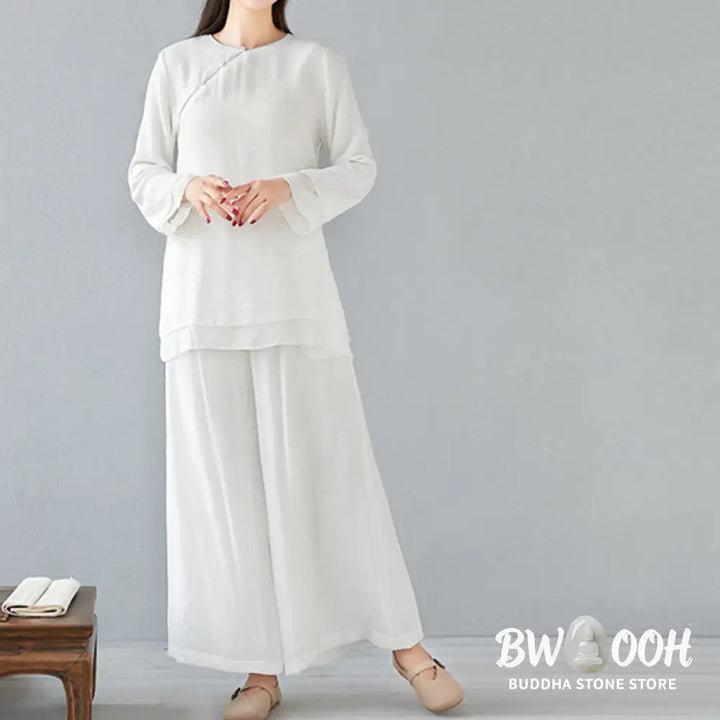 BWOOOH 2Pcs Three Quarter Sleeve Long Sleeve Shirt Wide Leg Pants Meditation Cotton Linen Clothing Women’s Set