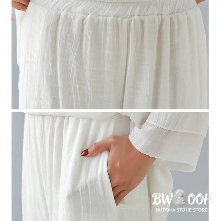 BWOOOH 2Pcs Three Quarter Sleeve Long Sleeve Shirt Wide Leg Pants Meditation Cotton Linen Clothing Women’s Set