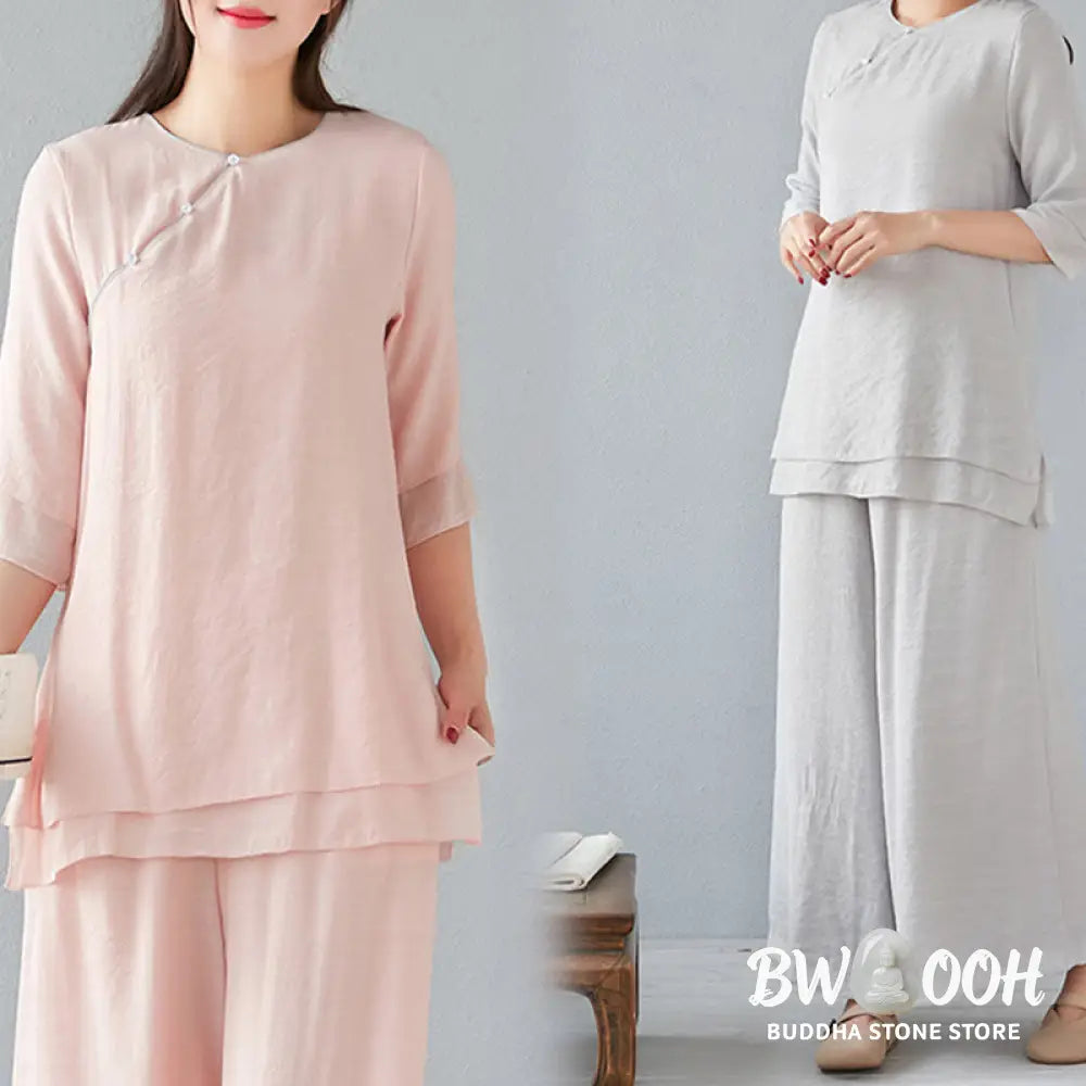BWOOOH 2Pcs Three Quarter Sleeve Long Sleeve Shirt Wide Leg Pants Meditation Cotton Linen Clothing Women’s Set