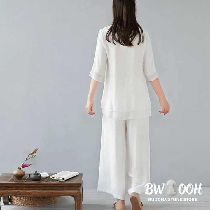 BWOOOH 2Pcs Three Quarter Sleeve Long Sleeve Shirt Wide Leg Pants Meditation Cotton Linen Clothing Women’s Set