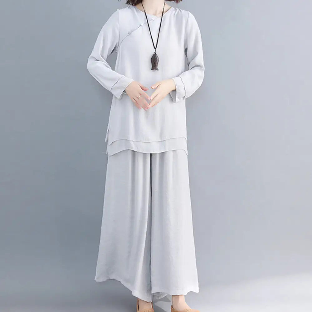 BWOOOH 2Pcs Three Quarter Sleeve Long Sleeve Shirt Wide Leg Pants Meditation Cotton Linen Clothing Women’s Set