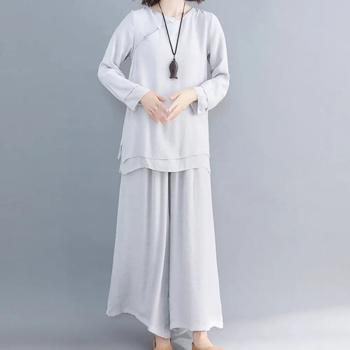 BWOOOH 2Pcs Three Quarter Sleeve Long Sleeve Shirt Wide Leg Pants Meditation Cotton Linen Clothing Women’s Set