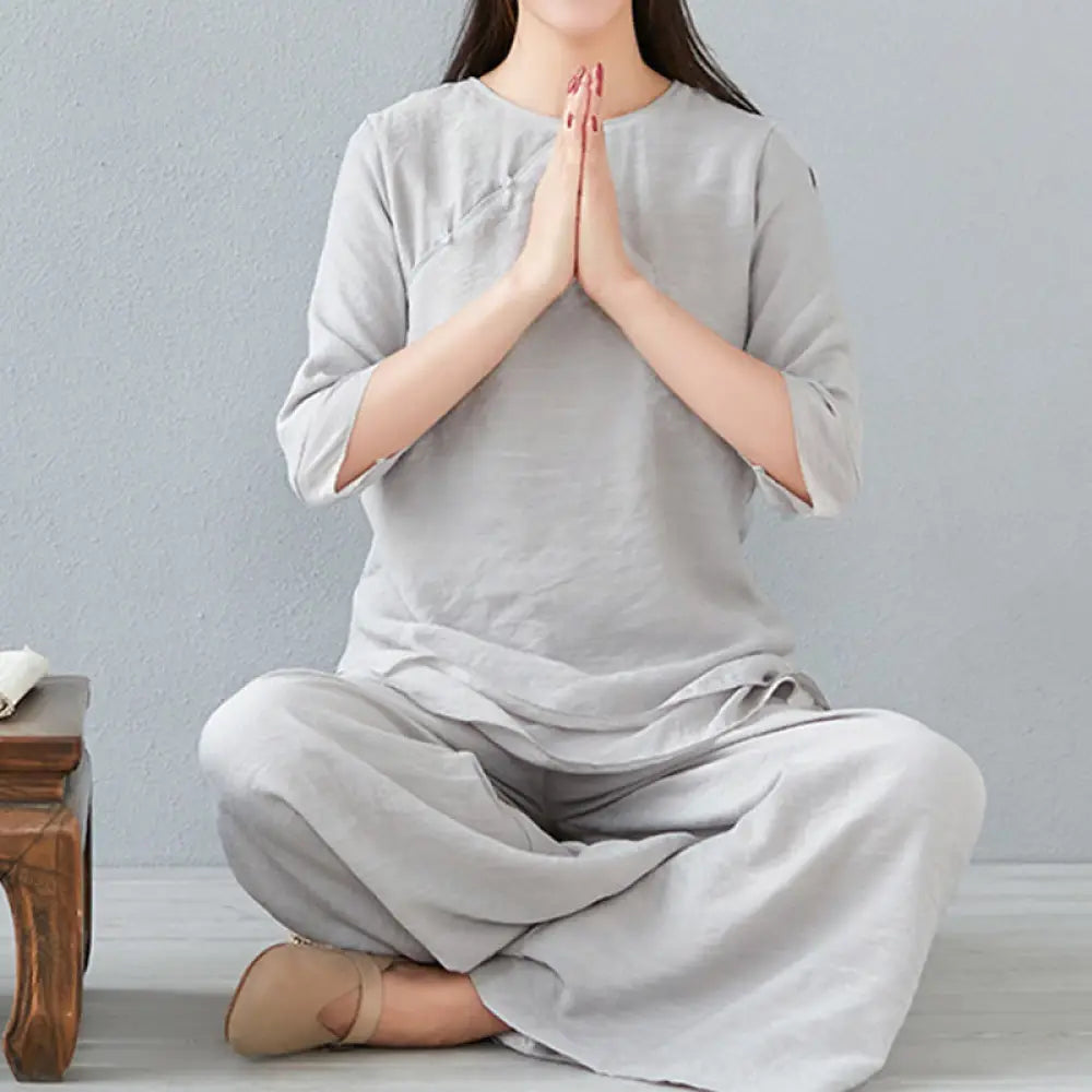 BWOOOH 2Pcs Three Quarter Sleeve Long Sleeve Shirt Wide Leg Pants Meditation Cotton Linen Clothing Women’s Set