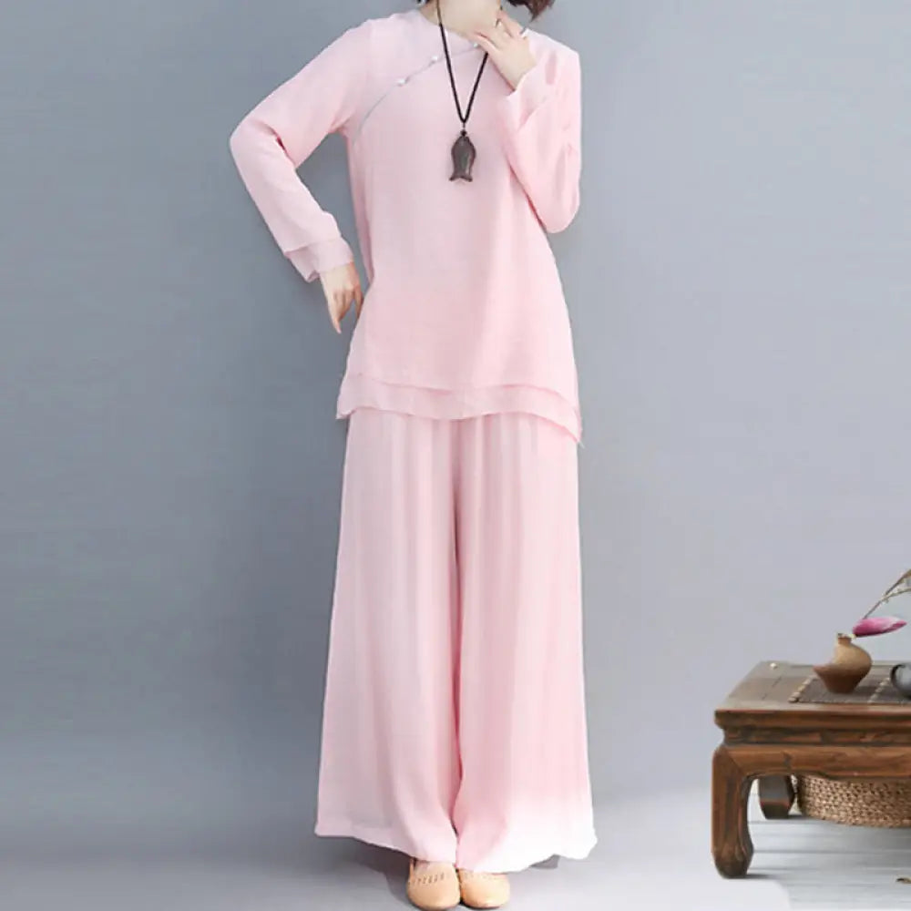 BWOOOH 2Pcs Three Quarter Sleeve Long Sleeve Shirt Wide Leg Pants Meditation Cotton Linen Clothing Women’s Set