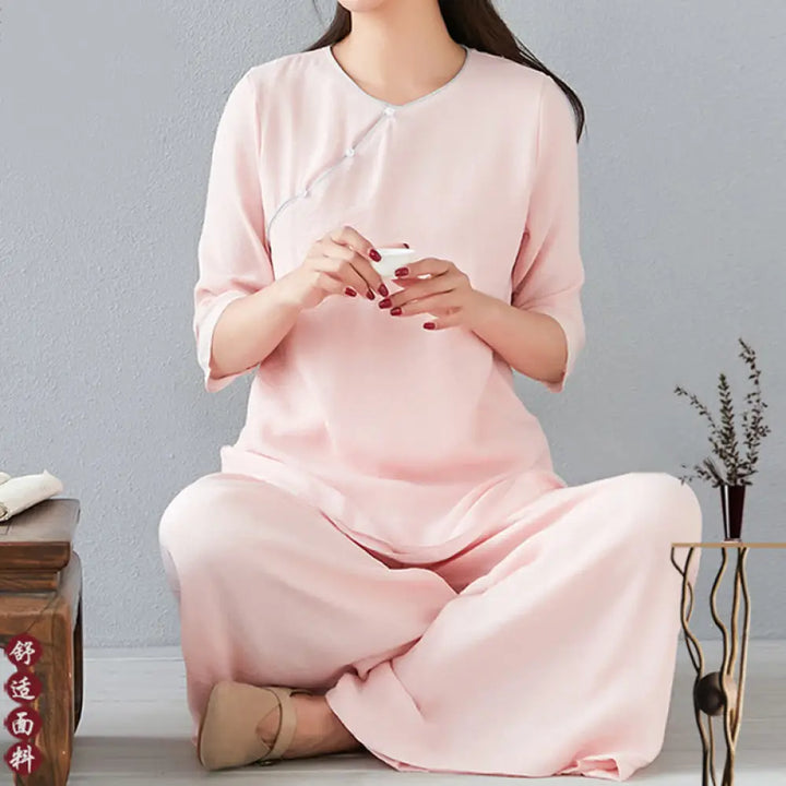 BWOOOH 2Pcs Three Quarter Sleeve Long Sleeve Shirt Wide Leg Pants Meditation Cotton Linen Clothing Women’s Set