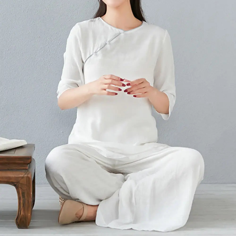 BWOOOH 2Pcs Three Quarter Sleeve Long Sleeve Shirt Wide Leg Pants Meditation Cotton Linen Clothing Women’s Set - White