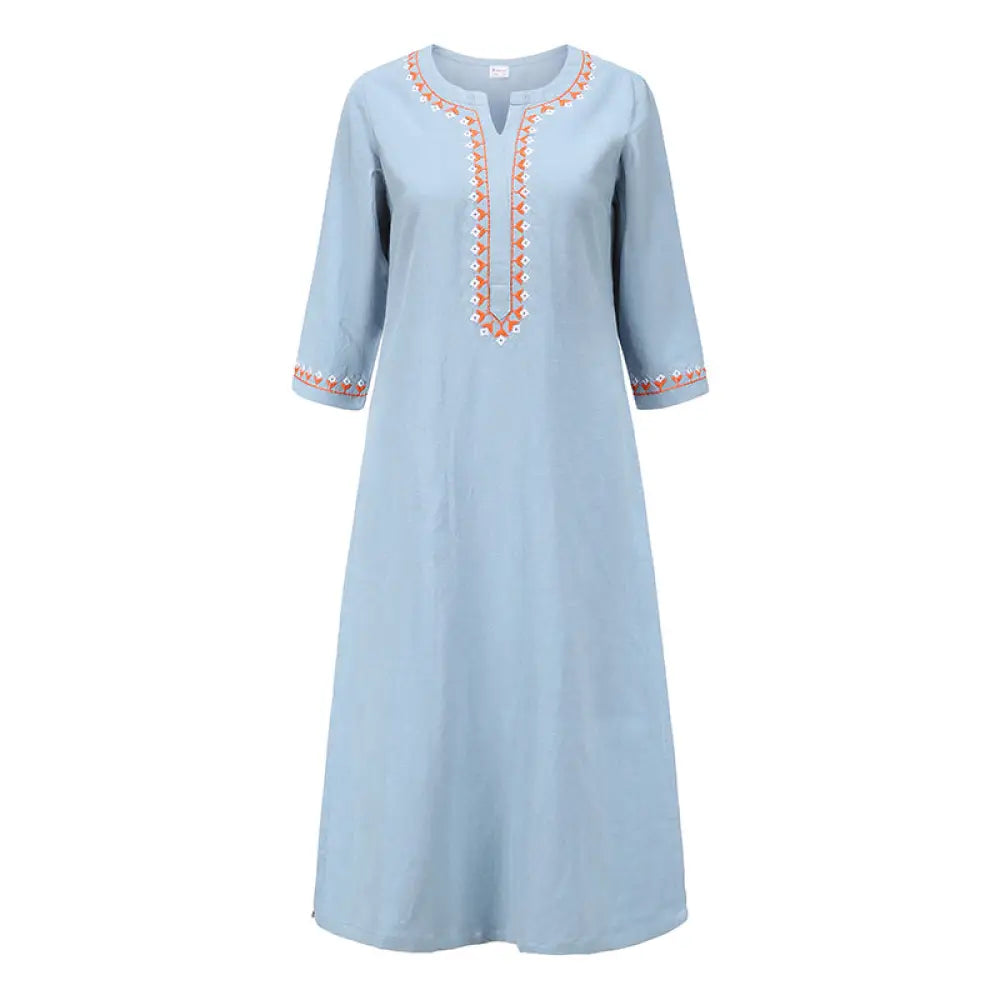 BWOOOH 2Pcs V-neck Embroidery Yoga Clothing Zen Meditation Cotton Linen Top Pants Women’s Set - Blue(Top Only)