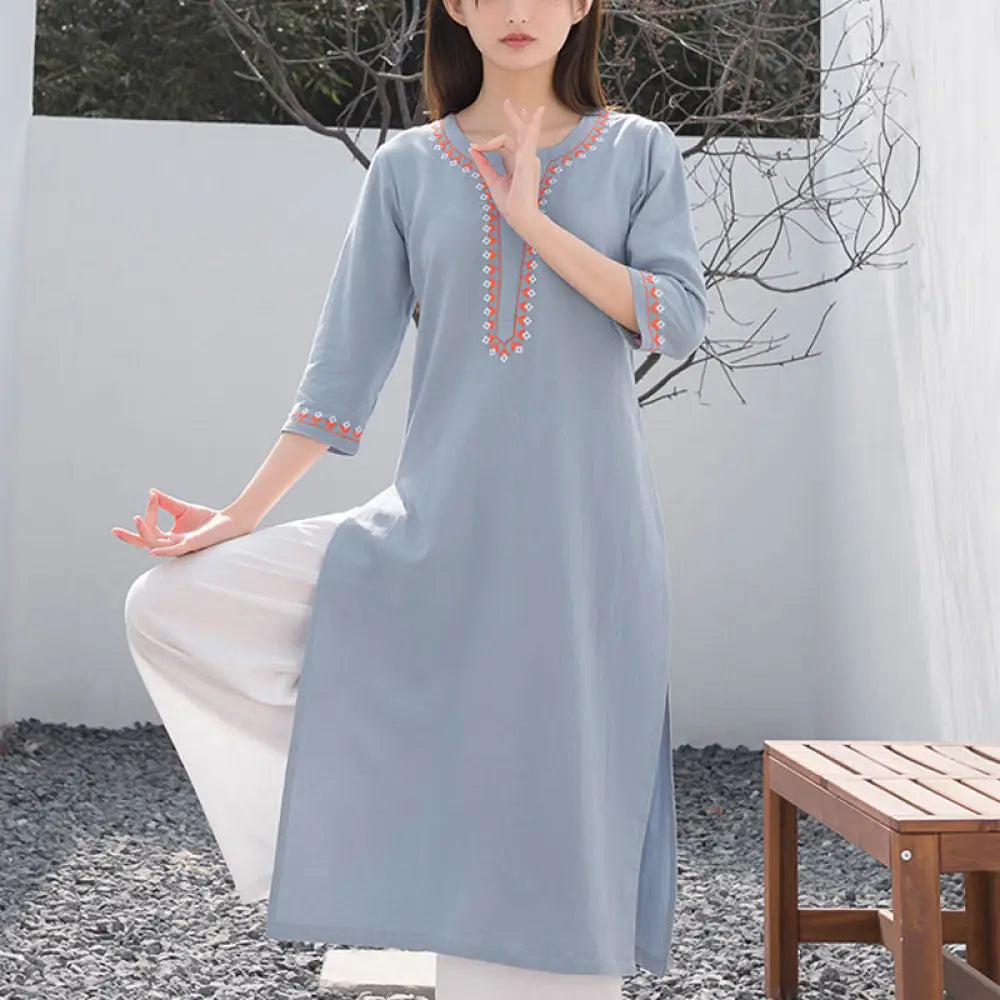 BWOOOH 2Pcs V-neck Embroidery Yoga Clothing Zen Meditation Cotton Linen Top Pants Women’s Set - Blue Top&amp;White Pants