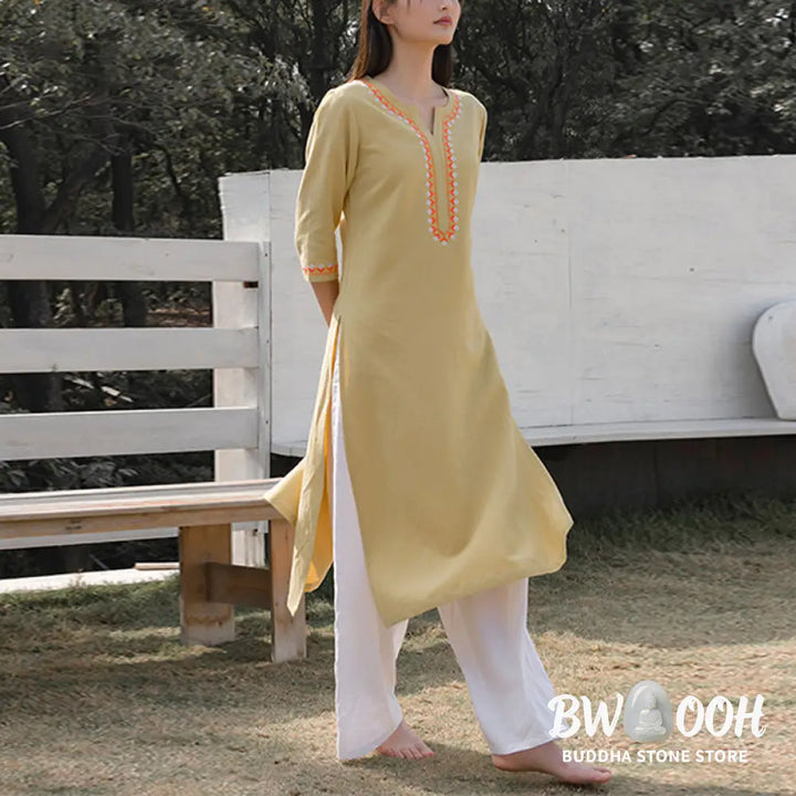 BWOOOH 2Pcs V-neck Embroidery Yoga Clothing Zen Meditation Cotton Linen Top Pants Women’s Set - Clothes