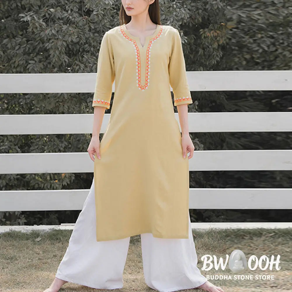 BWOOOH 2Pcs V-neck Embroidery Yoga Clothing Zen Meditation Cotton Linen Top Pants Women’s Set - Clothes
