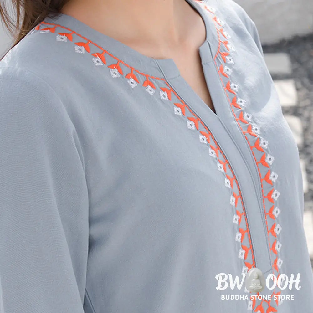 BWOOOH 2Pcs V-neck Embroidery Yoga Clothing Zen Meditation Cotton Linen Top Pants Women’s Set - Clothes