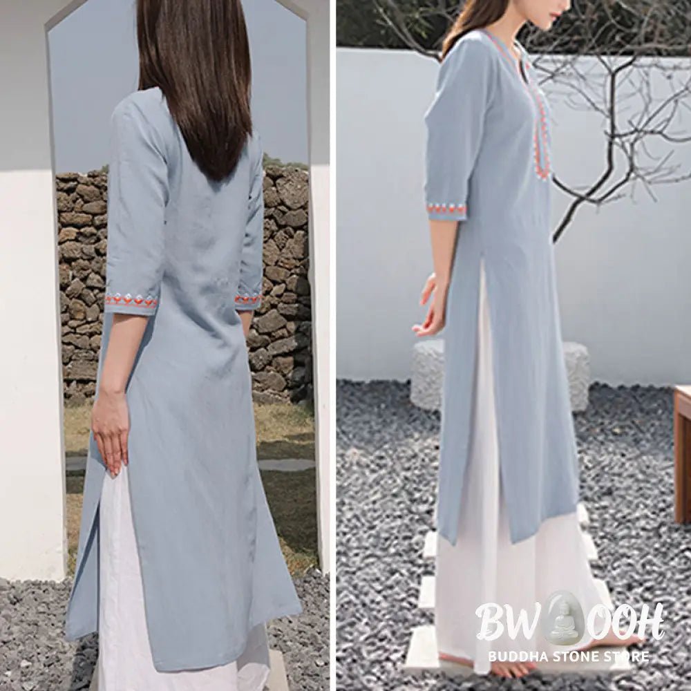 BWOOOH 2Pcs V-neck Embroidery Yoga Clothing Zen Meditation Cotton Linen Top Pants Women’s Set - Clothes