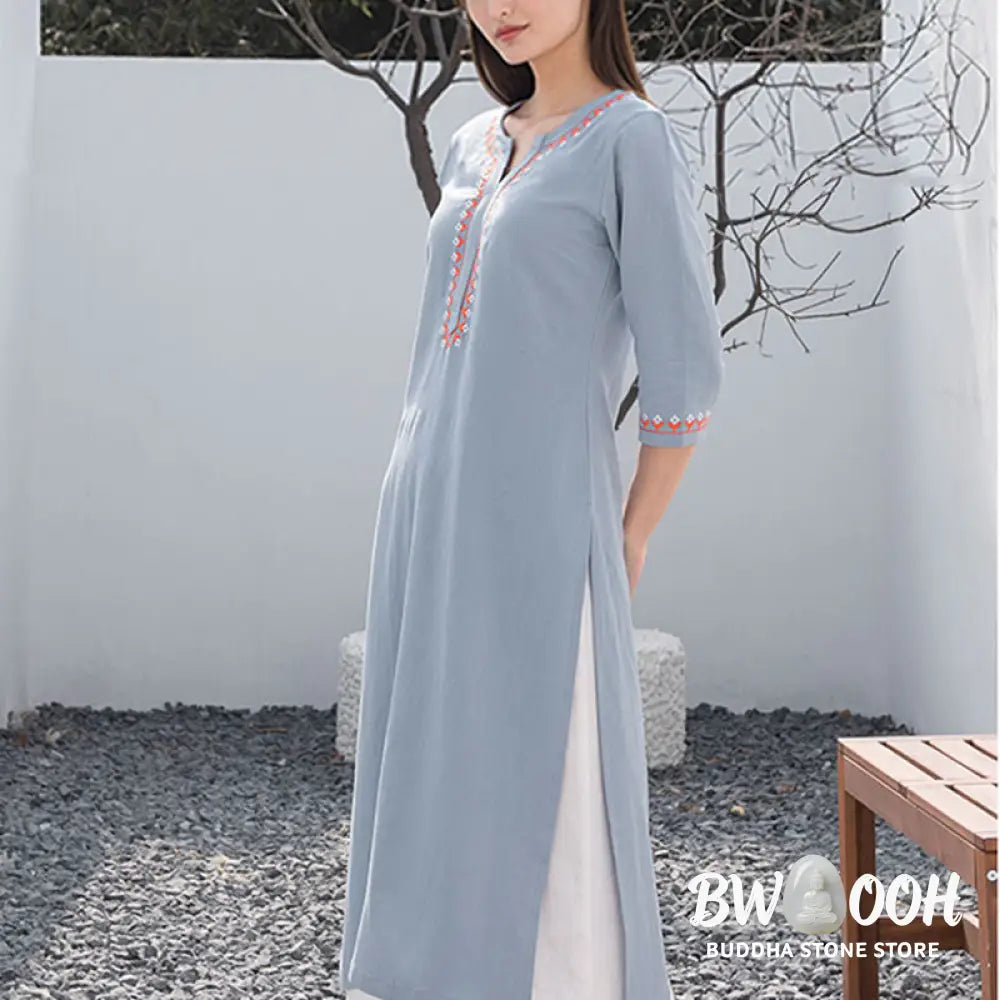 BWOOOH 2Pcs V-neck Embroidery Yoga Clothing Zen Meditation Cotton Linen Top Pants Women’s Set - Clothes