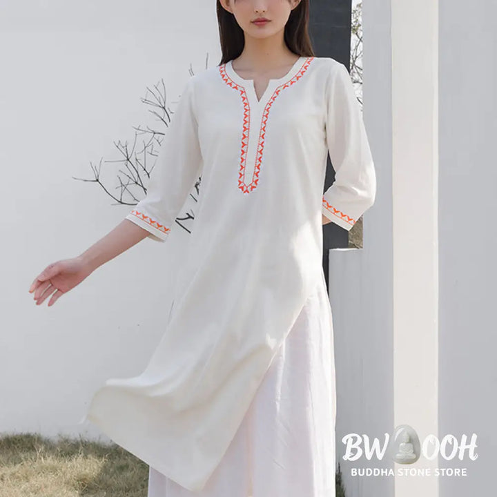 BWOOOH 2Pcs V-neck Embroidery Yoga Clothing Zen Meditation Cotton Linen Top Pants Women’s Set - Clothes