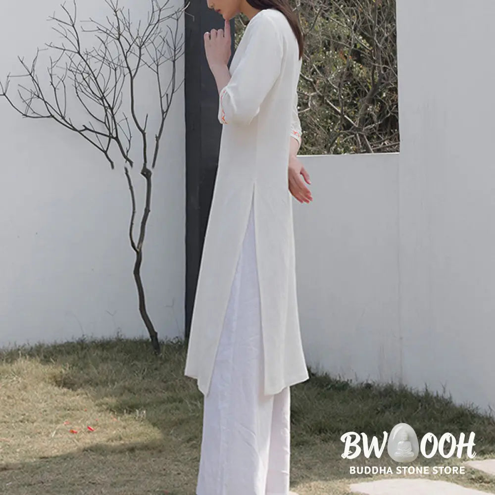 BWOOOH 2Pcs V-neck Embroidery Yoga Clothing Zen Meditation Cotton Linen Top Pants Women’s Set - Clothes