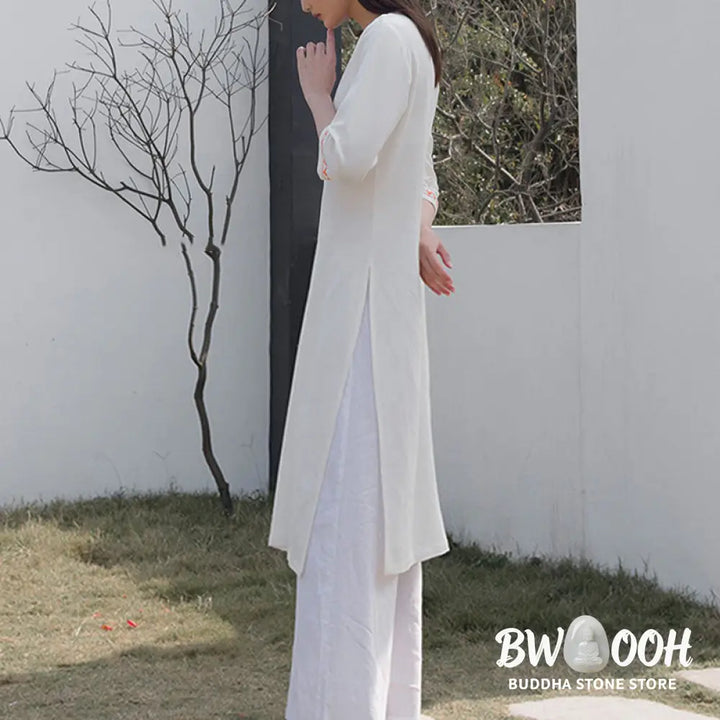 BWOOOH 2Pcs V-neck Embroidery Yoga Clothing Zen Meditation Cotton Linen Top Pants Women’s Set - Clothes