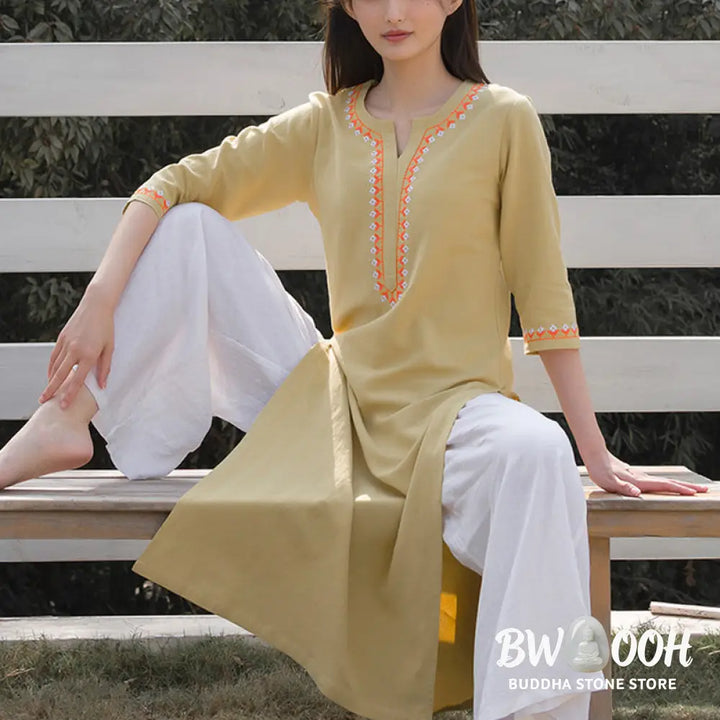 BWOOOH 2Pcs V-neck Embroidery Yoga Clothing Zen Meditation Cotton Linen Top Pants Women’s Set - Clothes