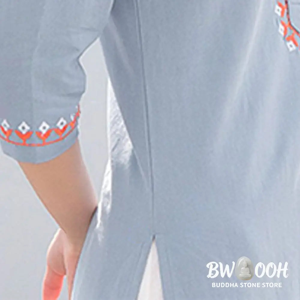 BWOOOH 2Pcs V-neck Embroidery Yoga Clothing Zen Meditation Cotton Linen Top Pants Women’s Set - Clothes