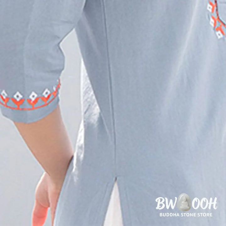 BWOOOH 2Pcs V-neck Embroidery Yoga Clothing Zen Meditation Cotton Linen Top Pants Women’s Set - Clothes