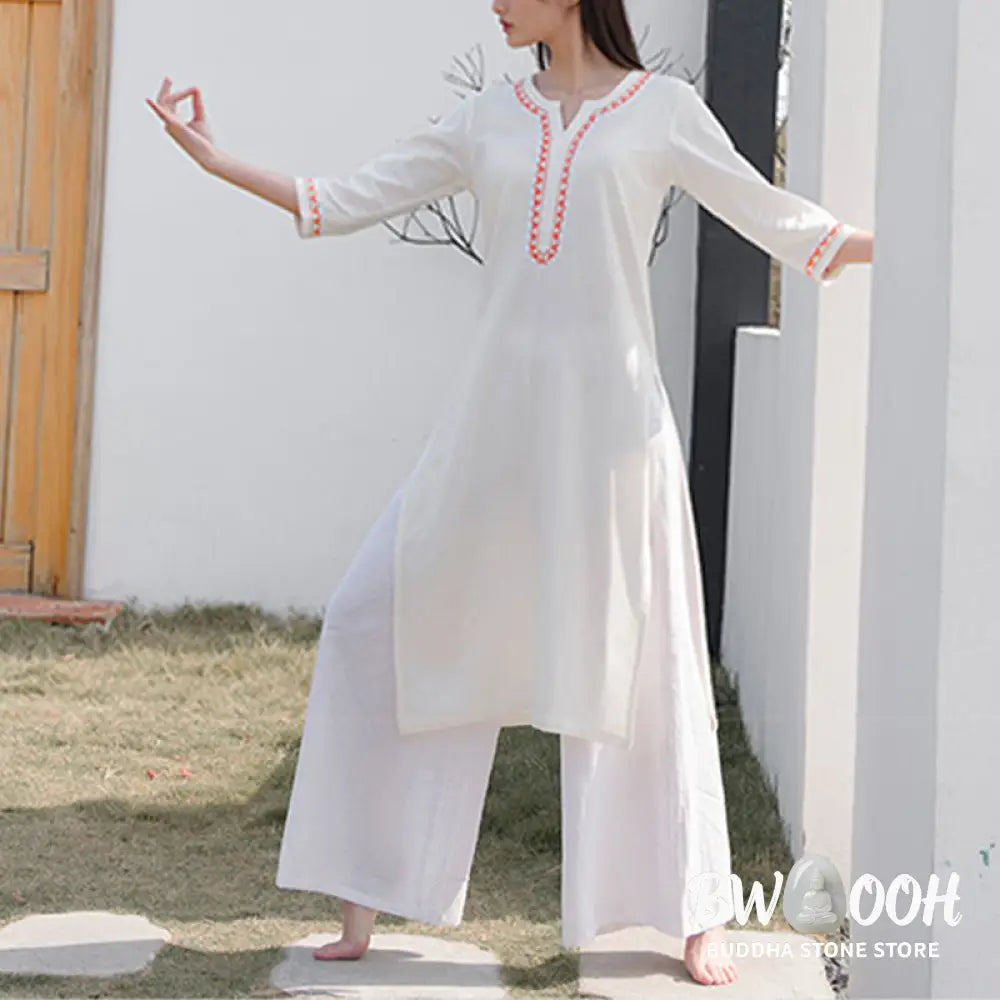 BWOOOH 2Pcs V-neck Embroidery Yoga Clothing Zen Meditation Cotton Linen Top Pants Women’s Set - Clothes