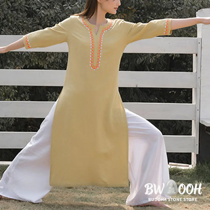 BWOOOH 2Pcs V-neck Embroidery Yoga Clothing Zen Meditation Cotton Linen Top Pants Women’s Set - Clothes